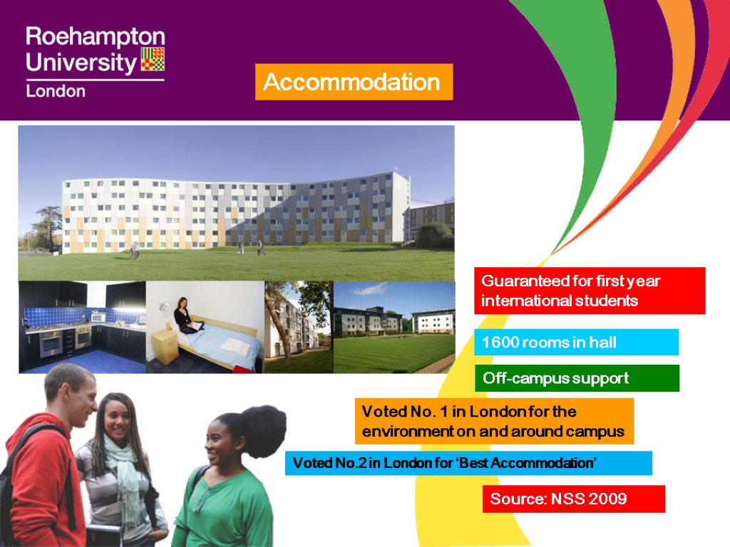 Accommodation Guaranteed for first year international students 1600 rooms in hall Off-campus support Voted